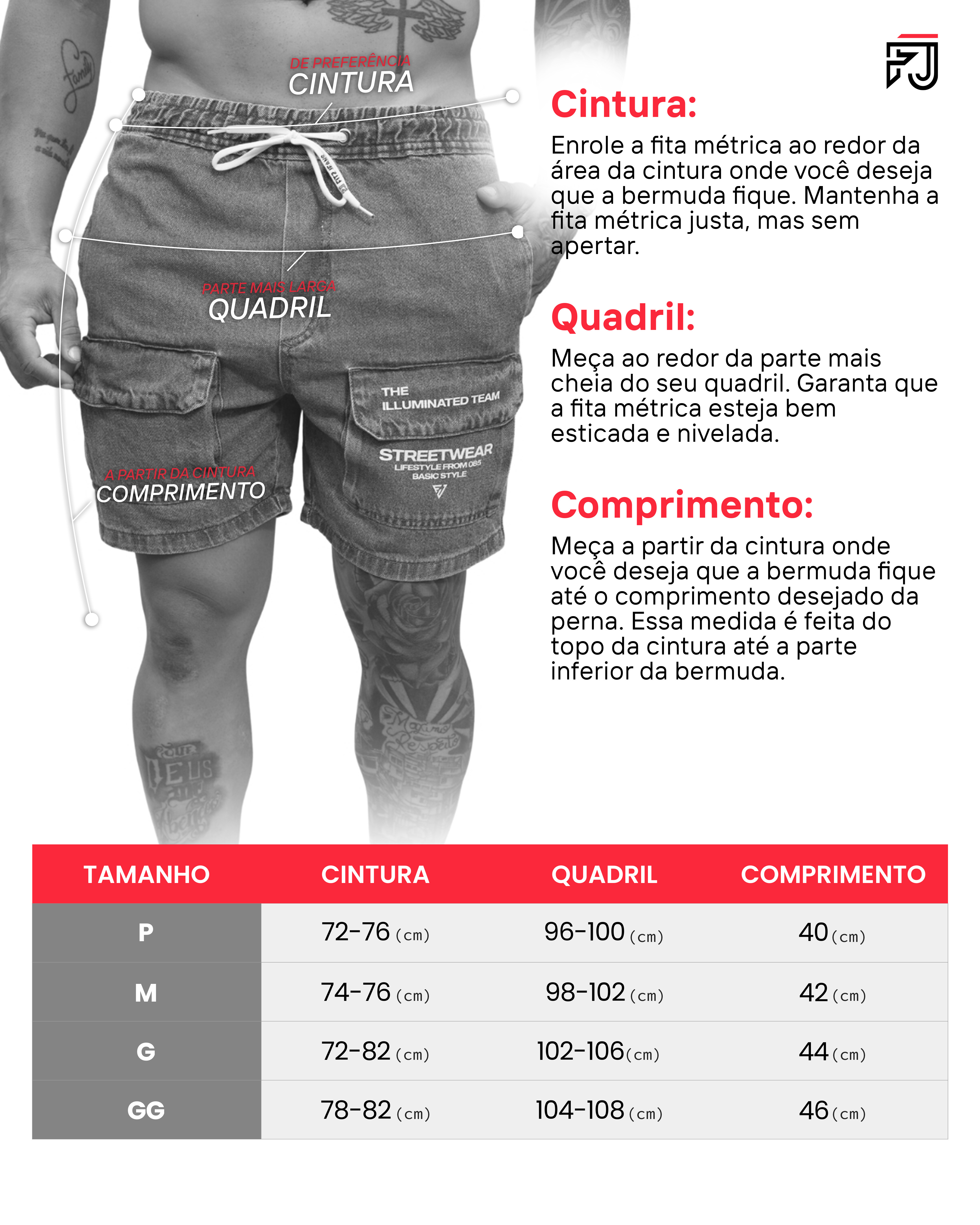 Tabela de medidas shorts sarja